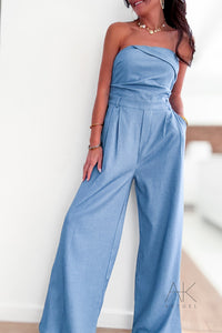 Combinaison bustier fluide en bleu denim