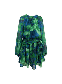 Robe courte col rond imprimée vert et bleu
