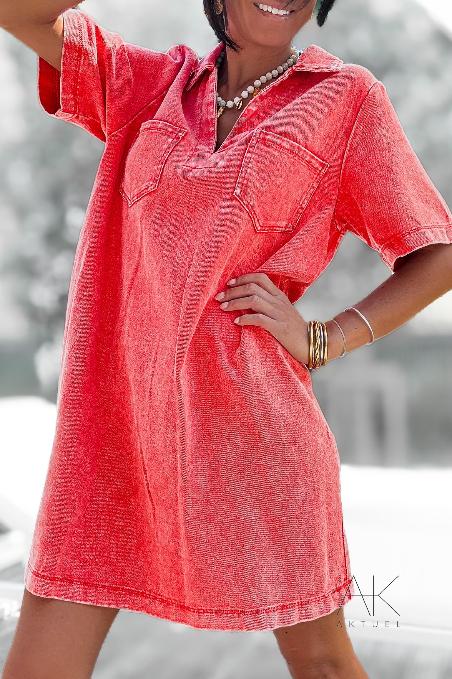 Robe à manches courtes en denim corail