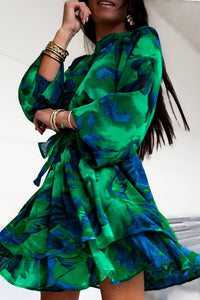 Robe courte col rond imprimée vert et bleu