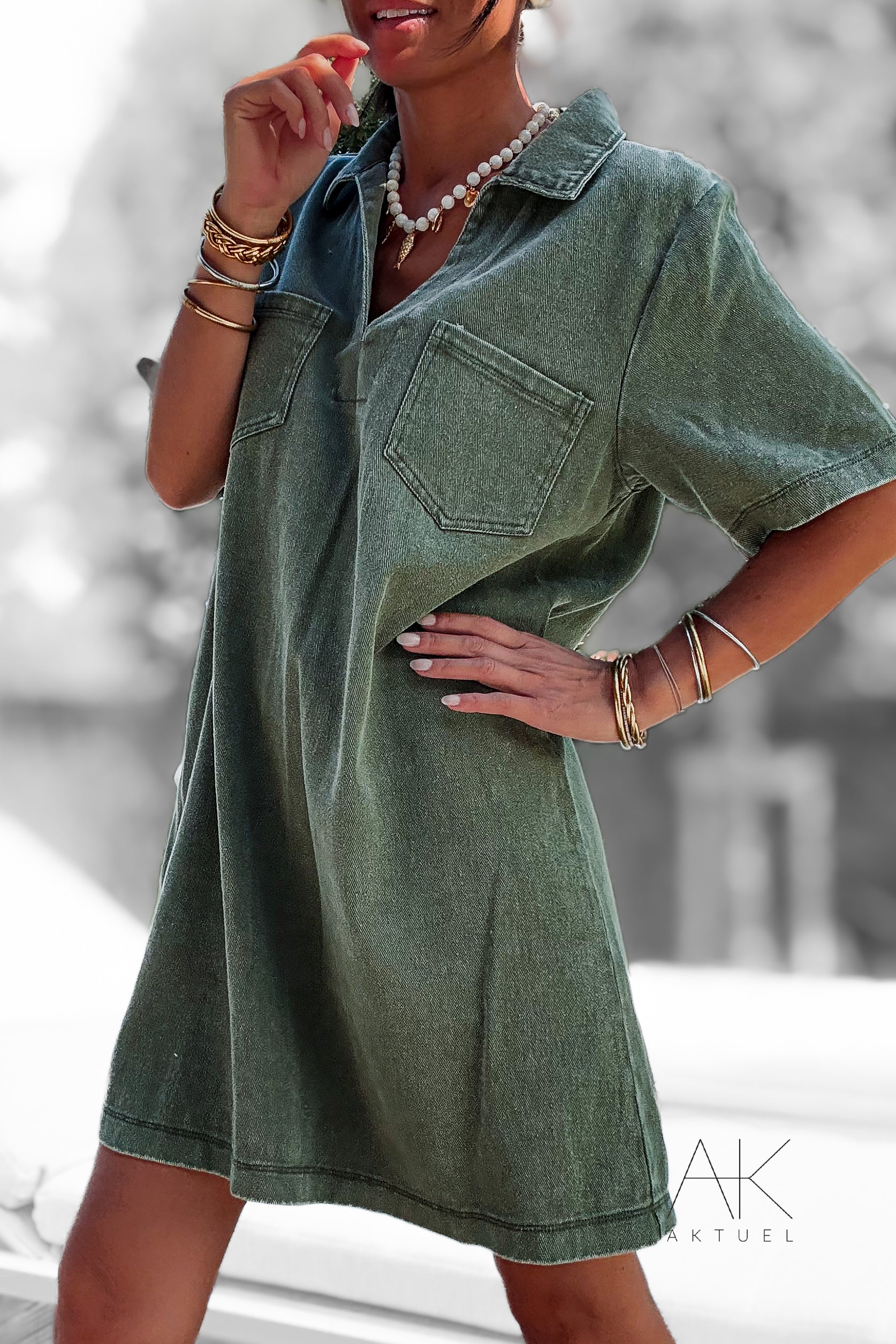 Robe à manches courtes en denim kaki