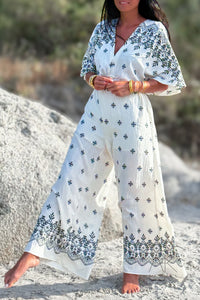 Combinaison écru à manches imprimé bohème