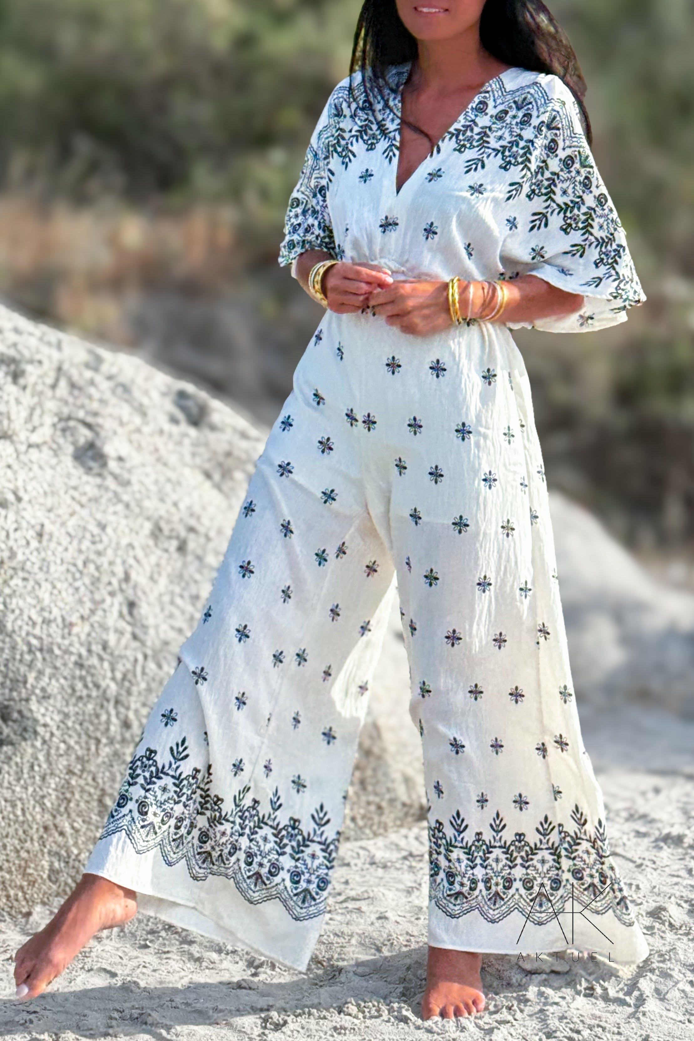 Combinaison écru à manches imprimé bohème