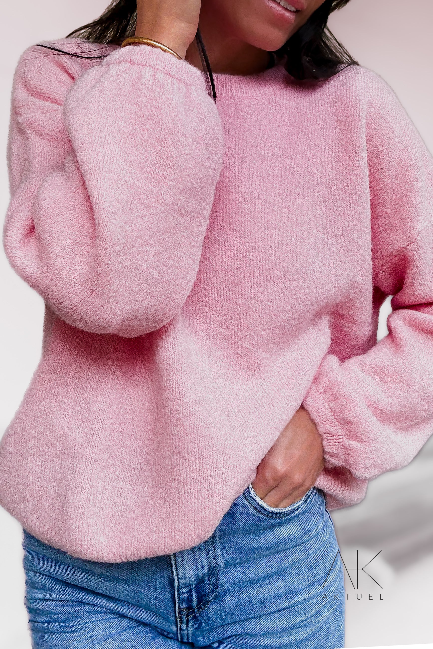 Pull en maille rose pâle baby alpaga col rond