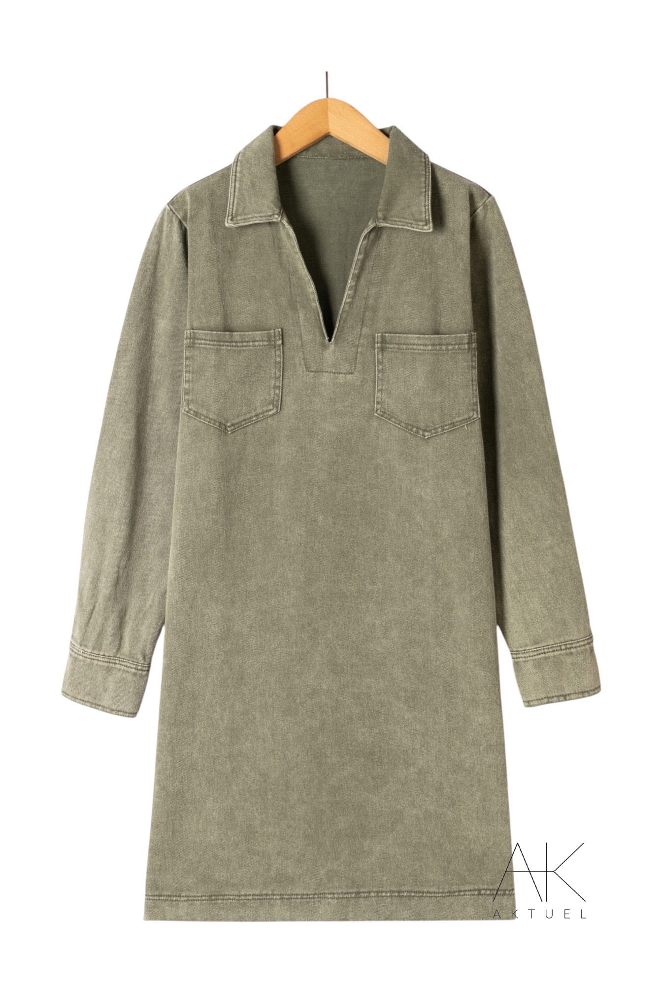 Robe denim kaki à manches longues