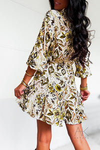 Robe imprimée kaki ceinturée à manches longues