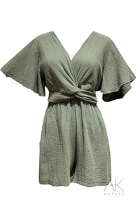 Combinaison short en gaze de coton kaki