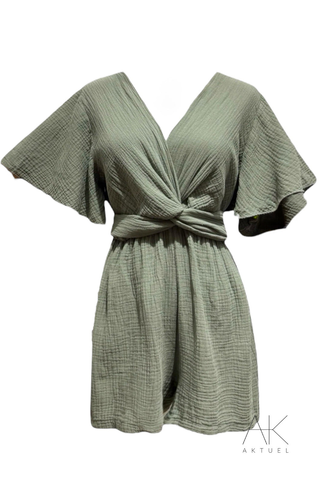 Combinaison short en gaze de coton kaki