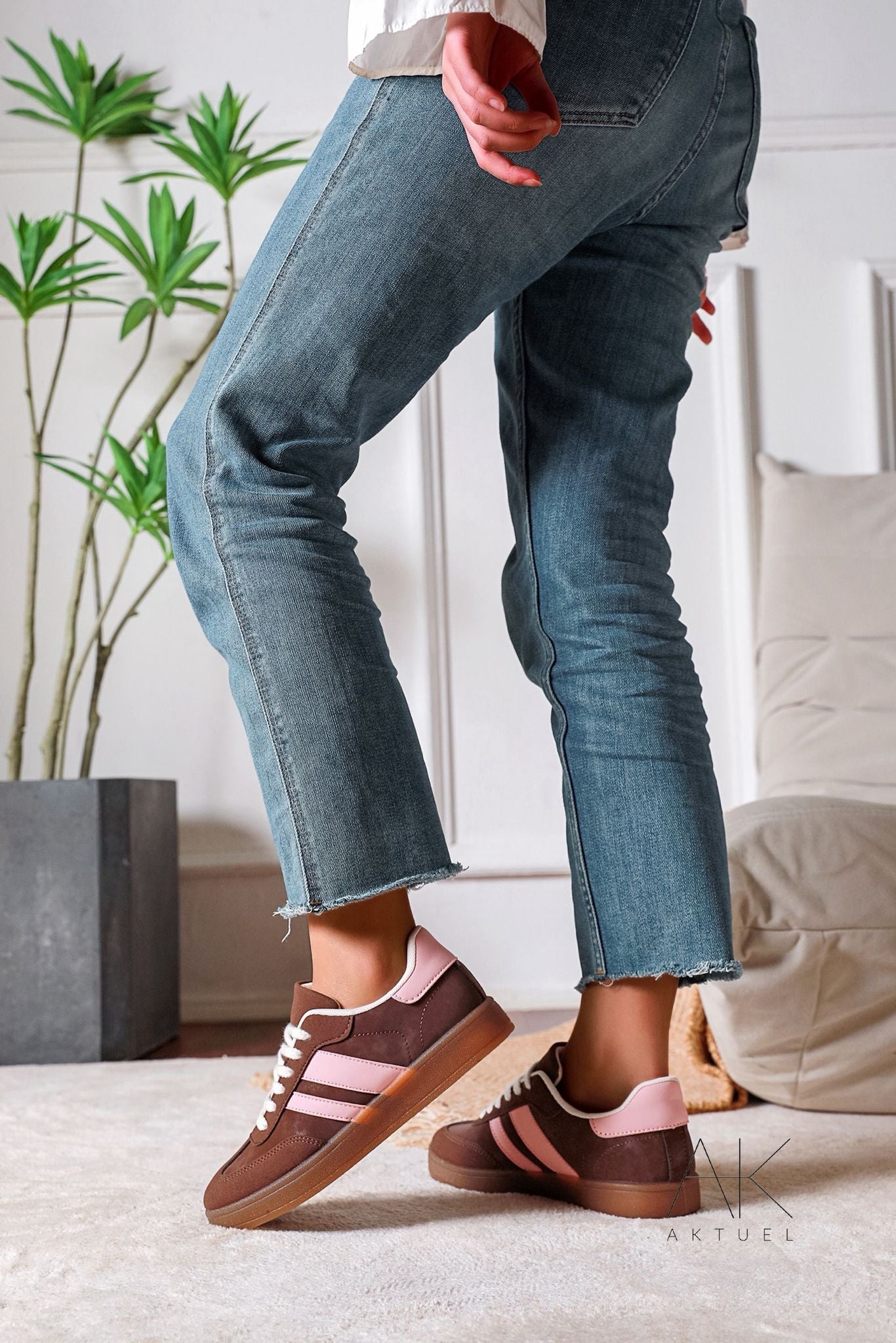 Baskets rétro à semelle gomme - Marron & Rose