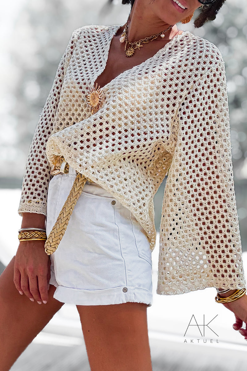 Blouse ajouré en maille broche soleil beige