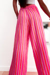 Pantalon large en gaze de coton à rayures fuschia et orange