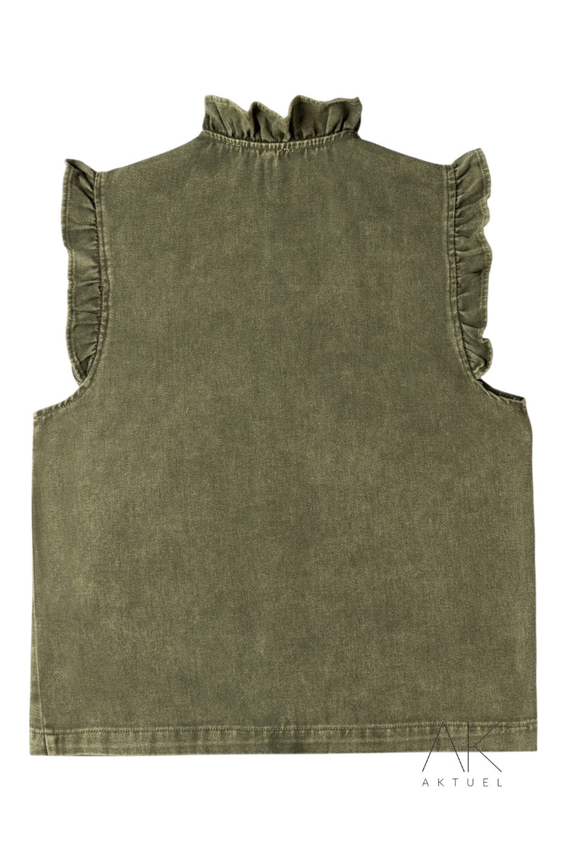Gilet denim kaki à volants
