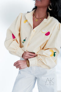 Chemise rayée jaune brodée fruits