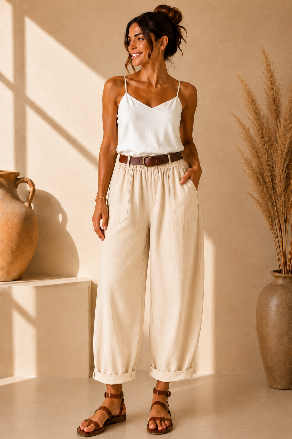 Pantalon barrel en lin beige