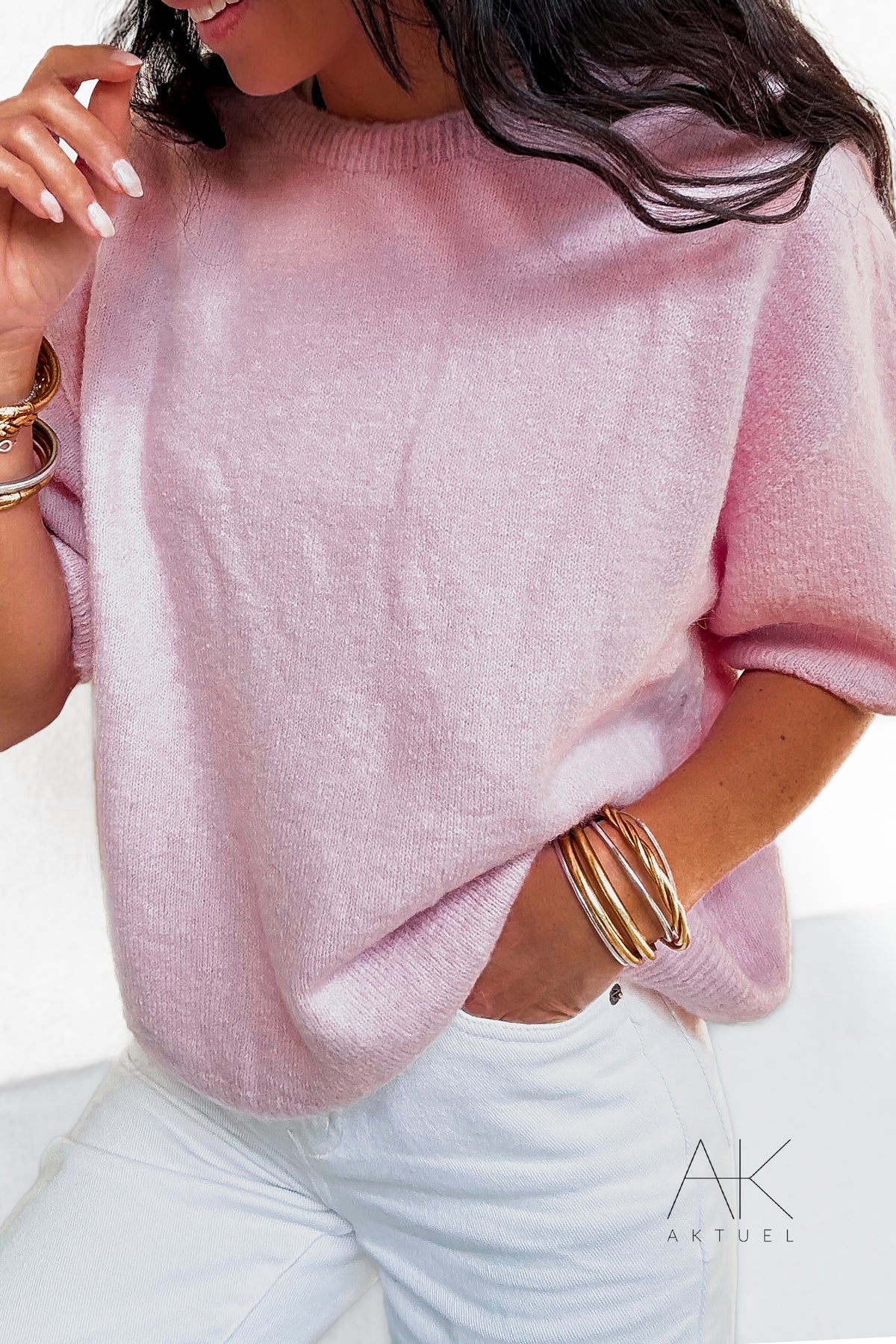 Pull rose pastel alpaga à manches courtes
