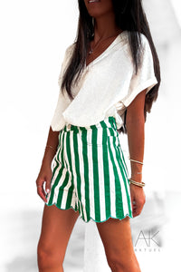 Short en jean à rayures finition festonnée vert