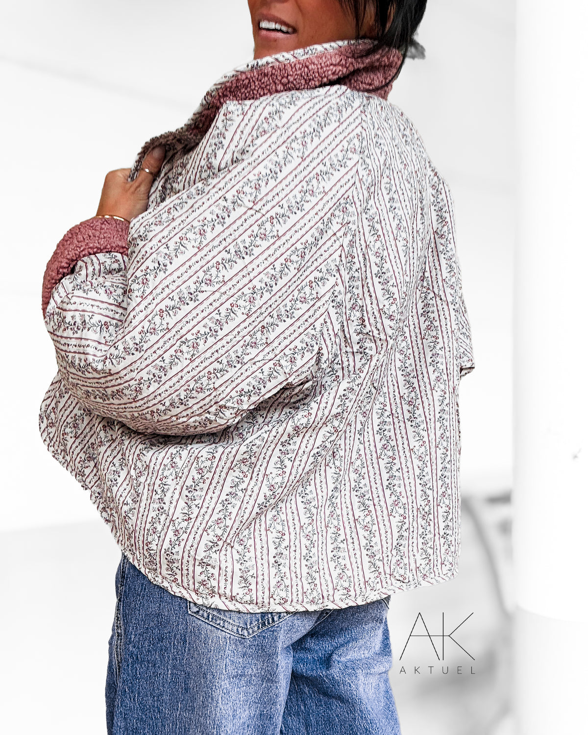 Veste réversible moumoute bois de rose & imprimé fleuri