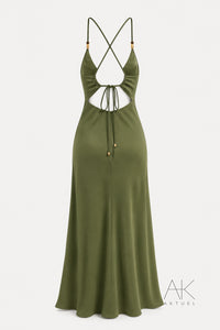 Robe longue dos nu satinée kaki