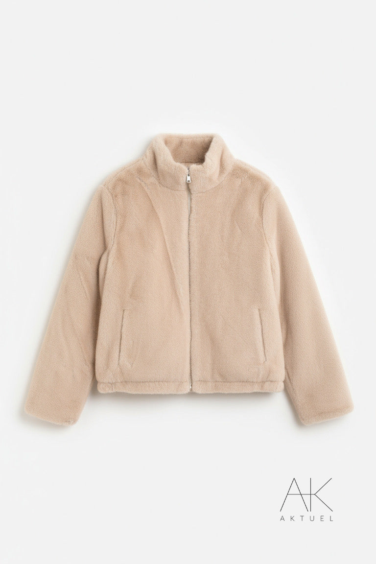Manteau court en fourrure synthétique réversible beige