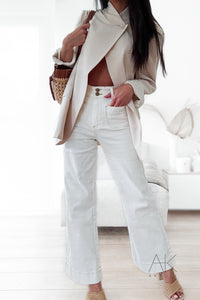 Jean flare à poches plaquées flare blanc à couture marron - Oraije
