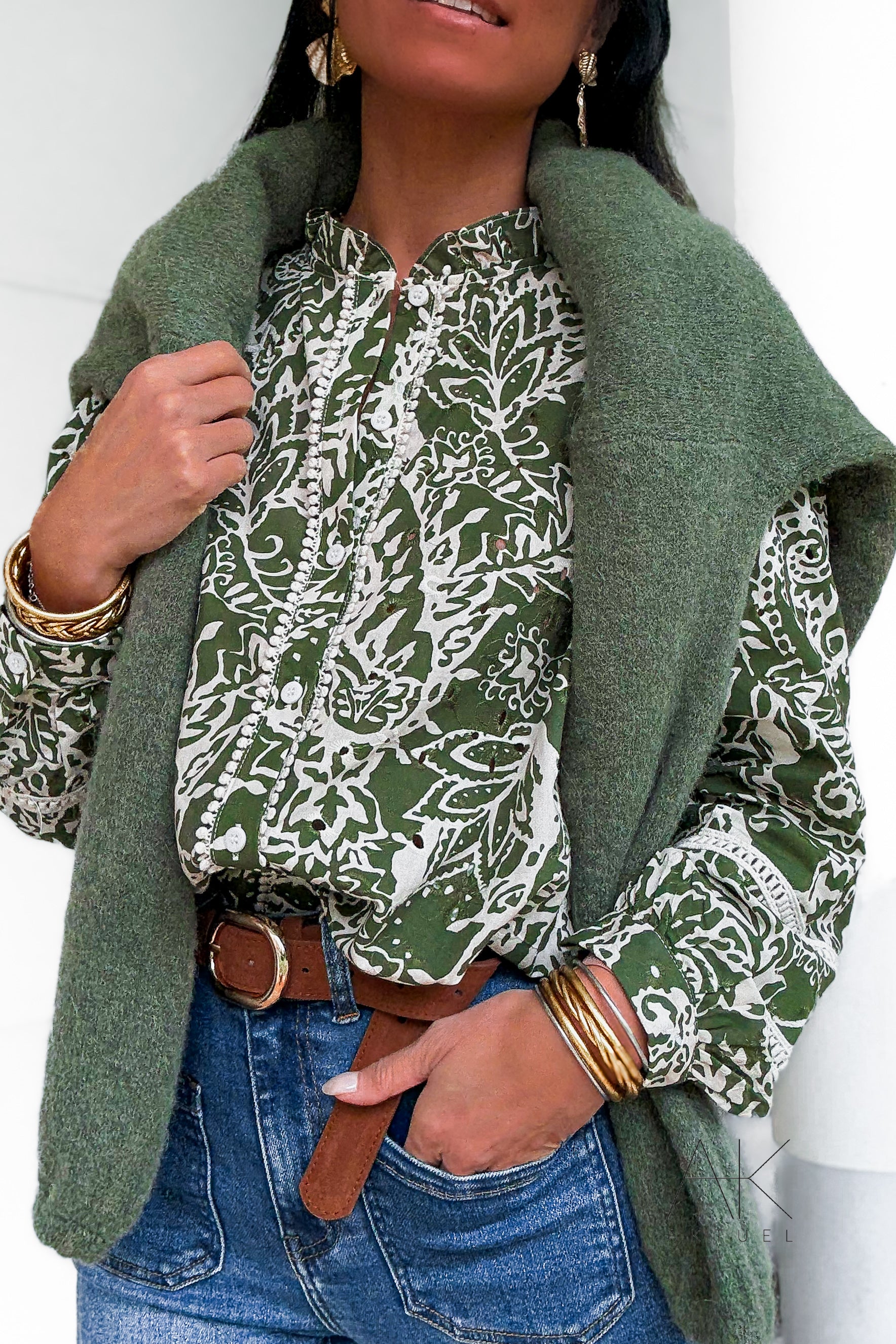 Pull en maille kaki baby alpaga col rond