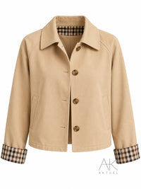 Veste trench courte taupe à revers carreaux