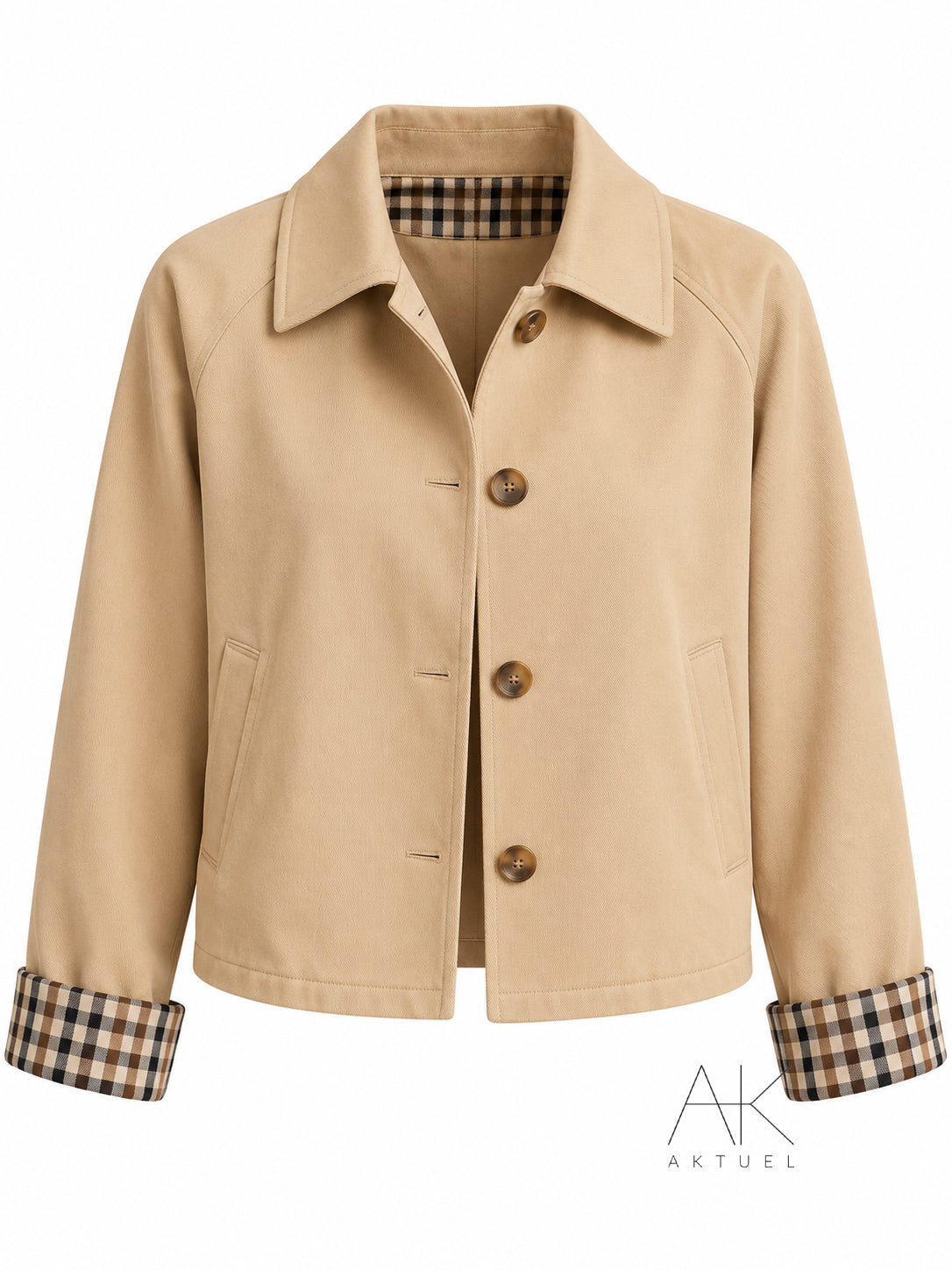 Veste trench courte taupe à revers carreaux