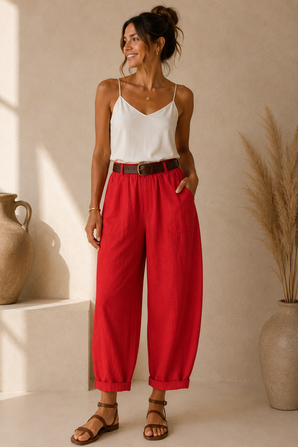 Pantalon barrel en lin rouge