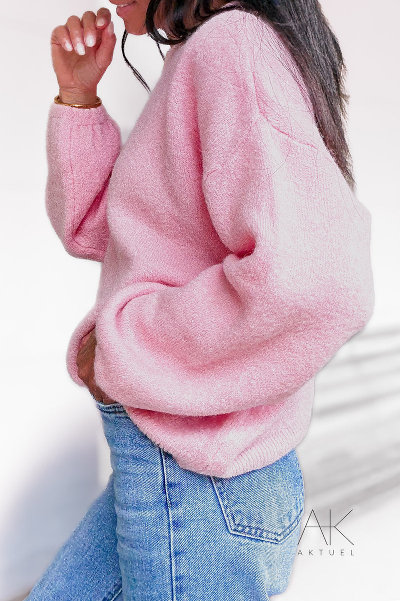 Pull en maille rose pâle baby alpaga col rond