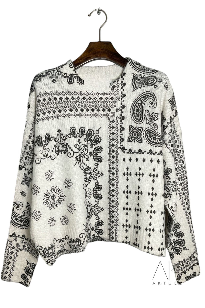 Pull imprimé cachemire noir et blanc