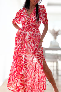 Robe longue à feuillage rouge corail