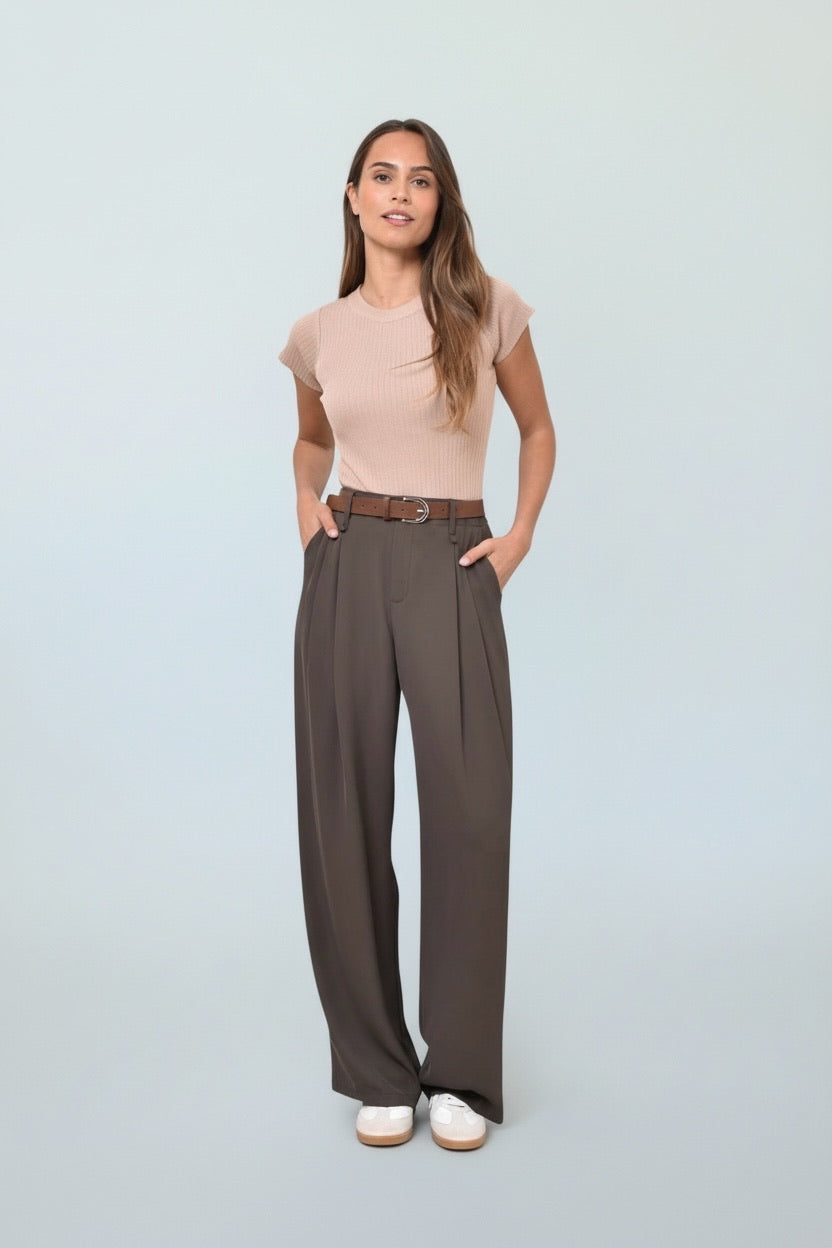 Pantalon marron à pinces fluide