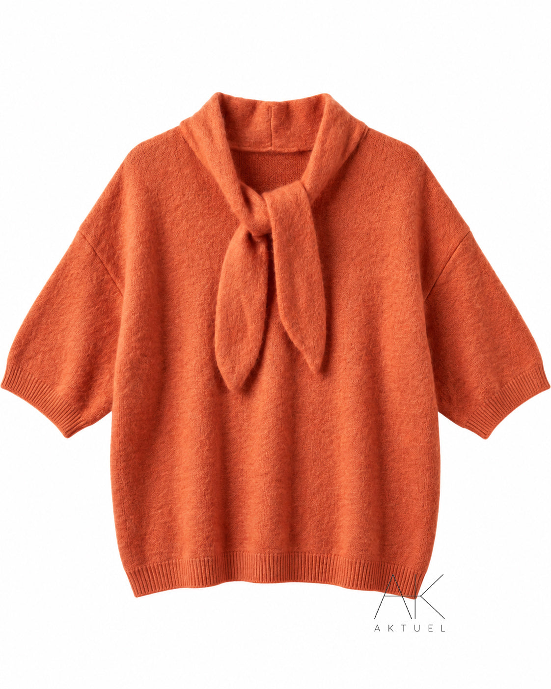 Pull orange alpaga manche 3/4 col à nouer