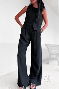 Pantalon large noir en lin