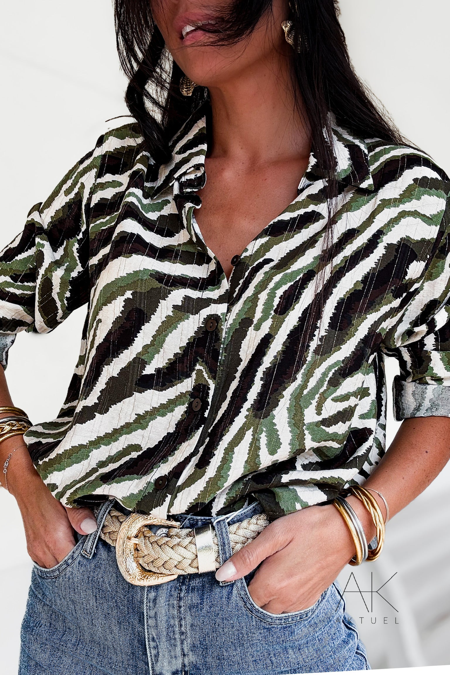 Chemise imprimée zébrée vert et noir