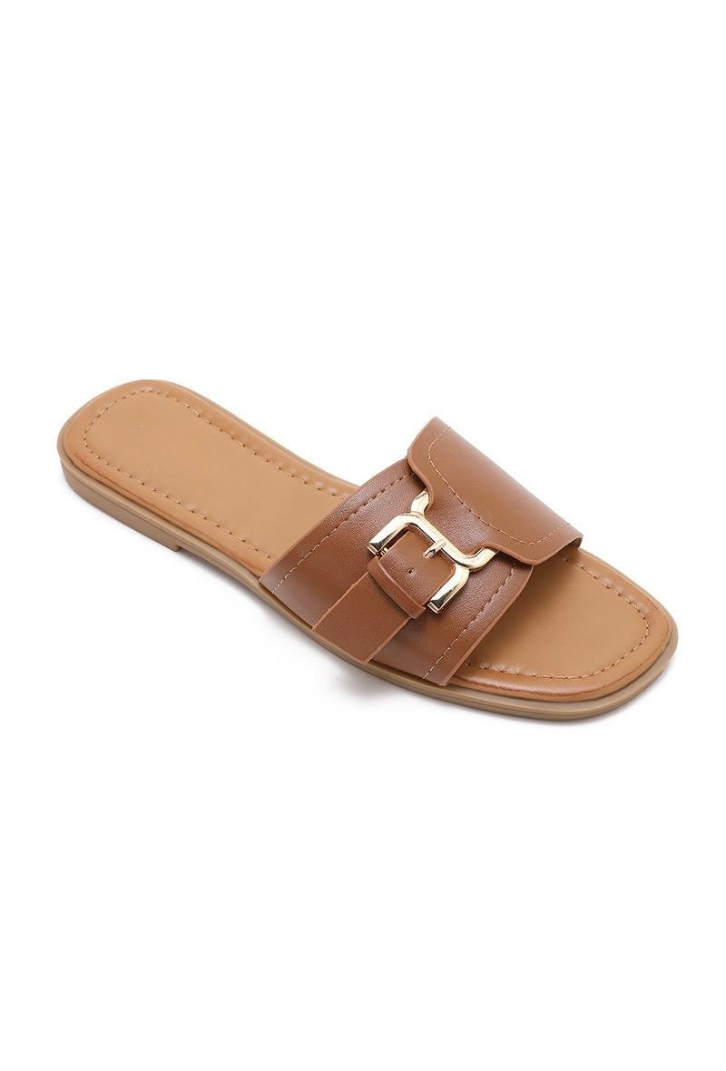 Mules camel plates à boucle dorée