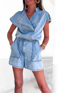 Combishort en jean léger bleu denim