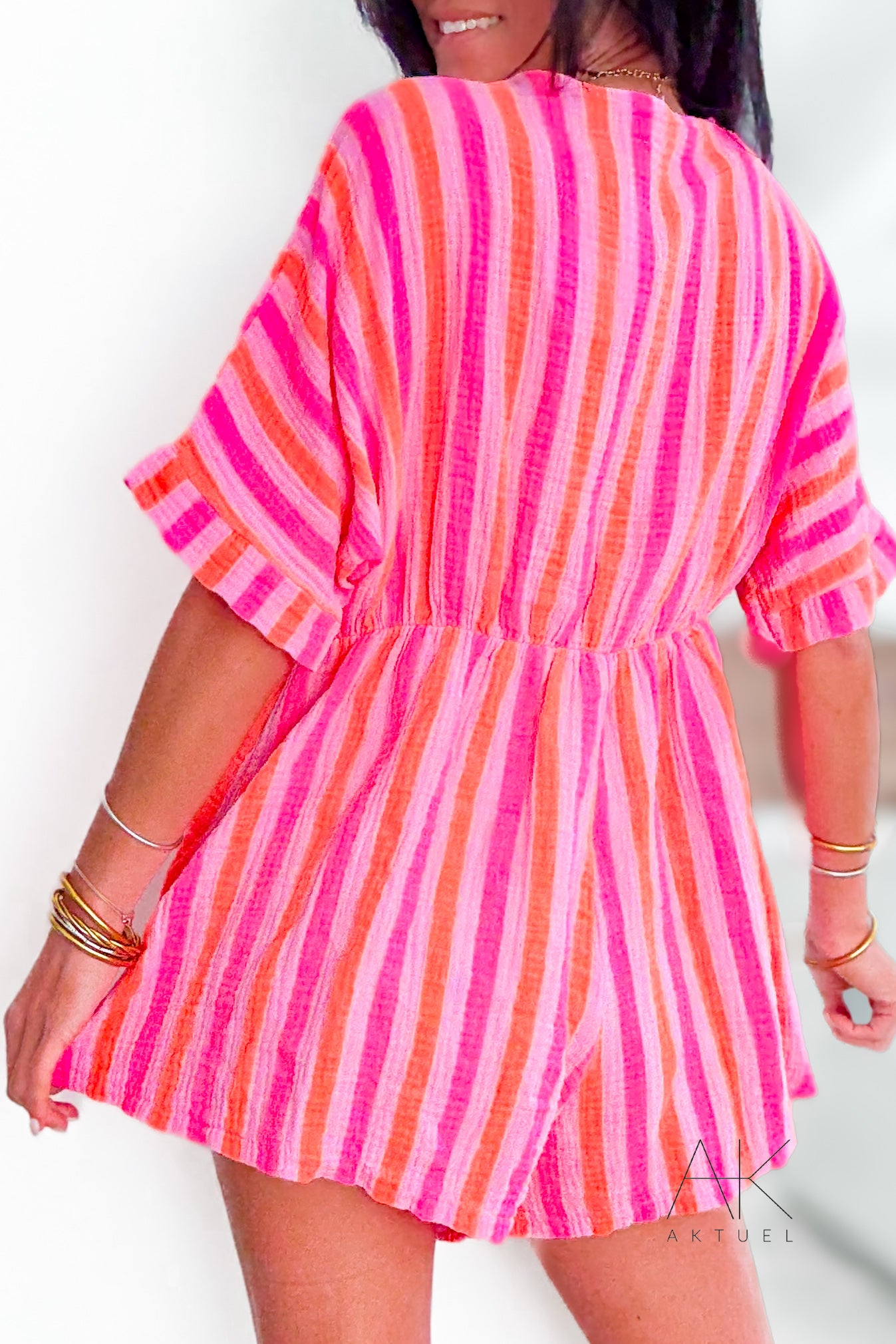 Combishort en gaze de coton rayée rose fluo & corail