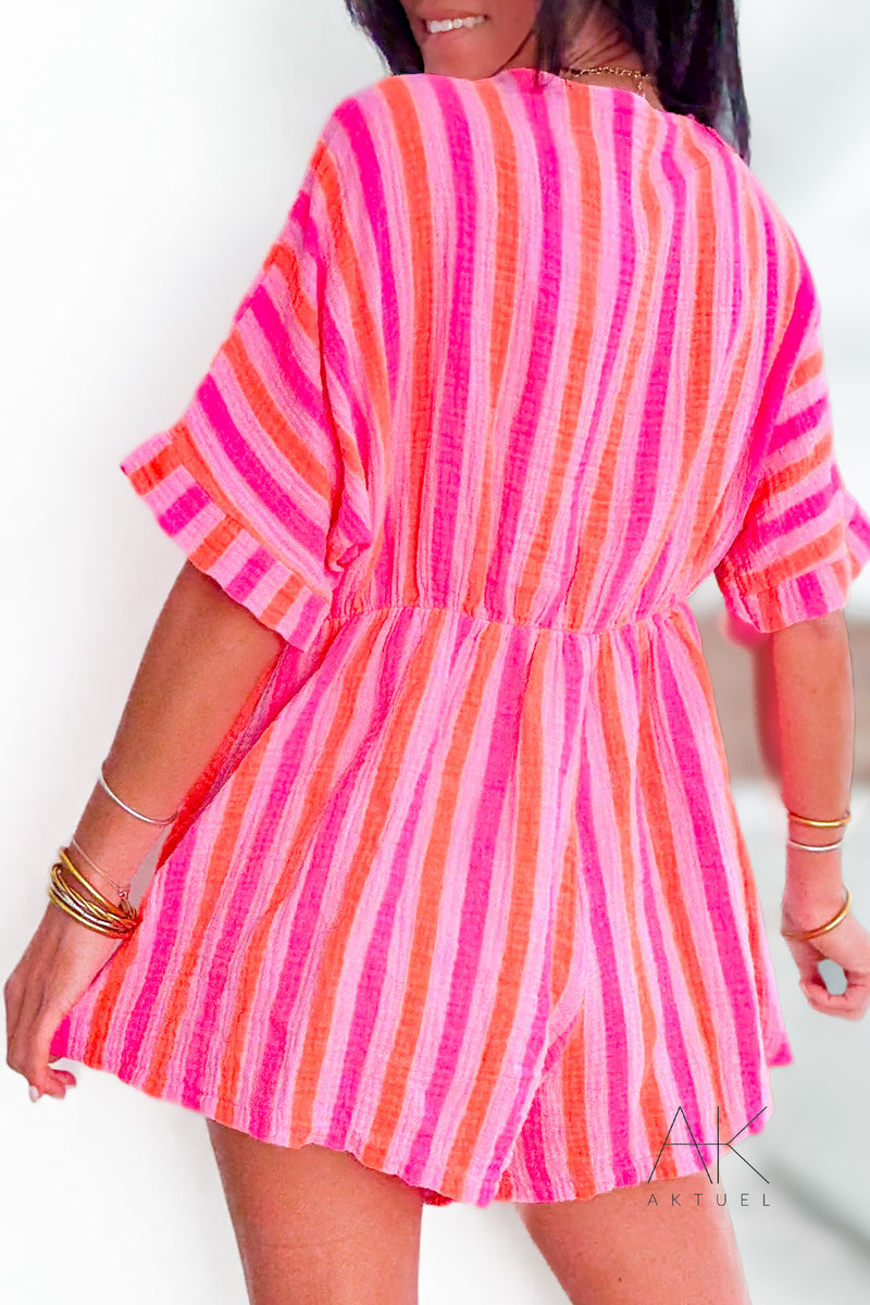 Combishort en gaze de coton rayée rose fluo & corail