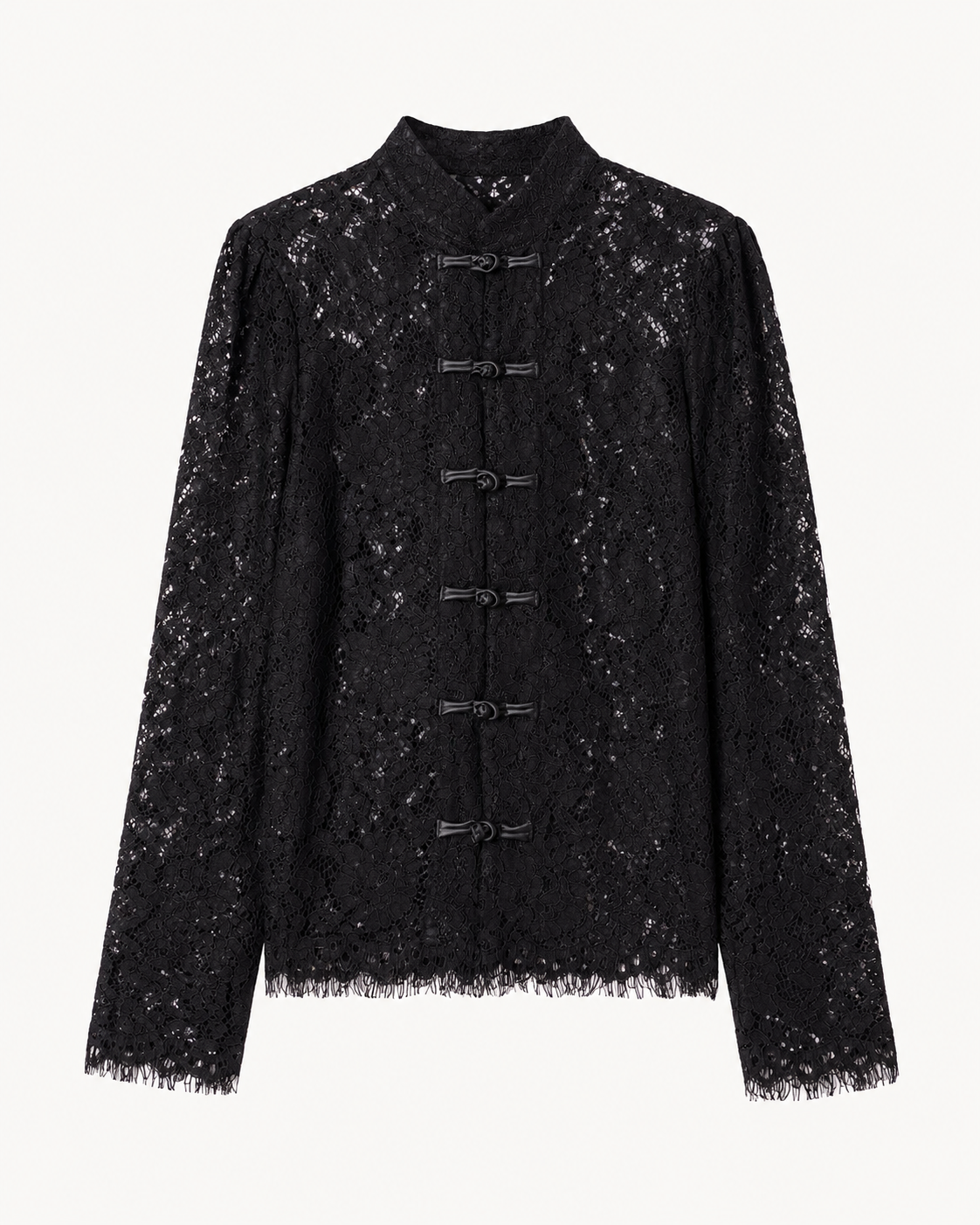 Blouse noire dentelle à attaches chinoises