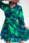 Robe courte col V imprimée vert et bleu