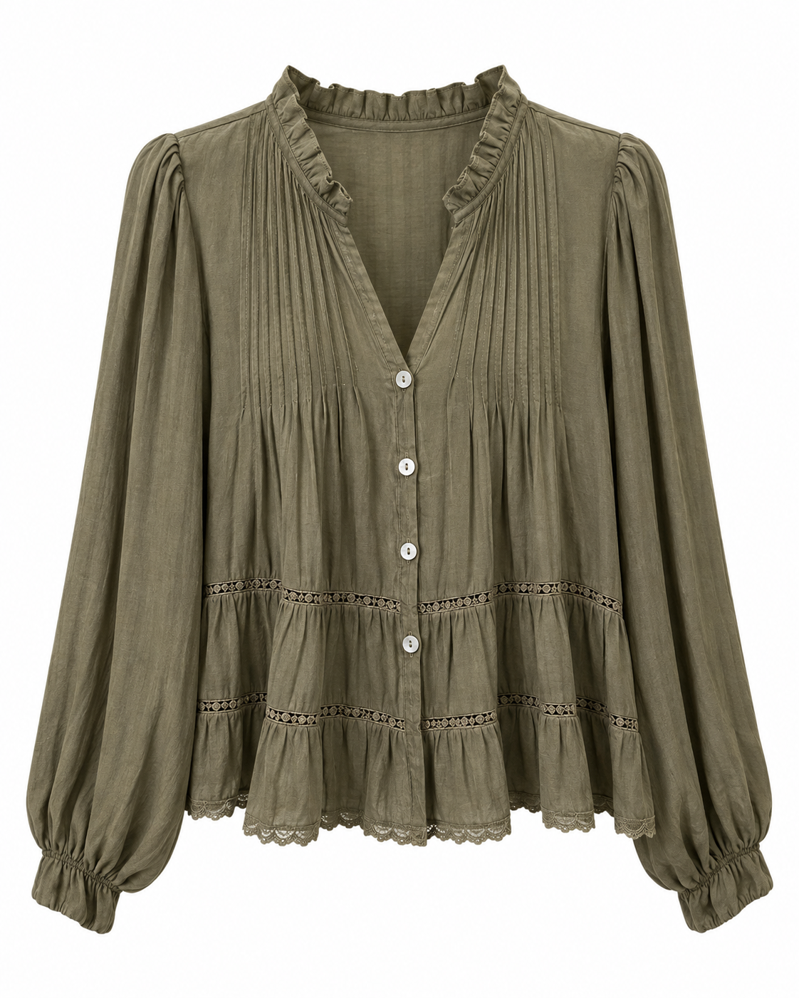 Blouse kaki romantique à volants