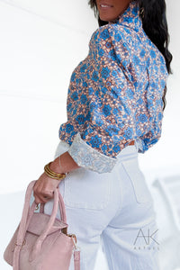Chemise imprimée fleurie bleu et beige