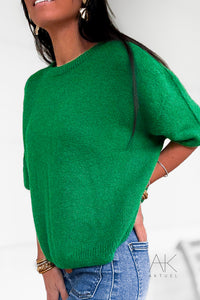 Pull vert alpaga à manches courtes