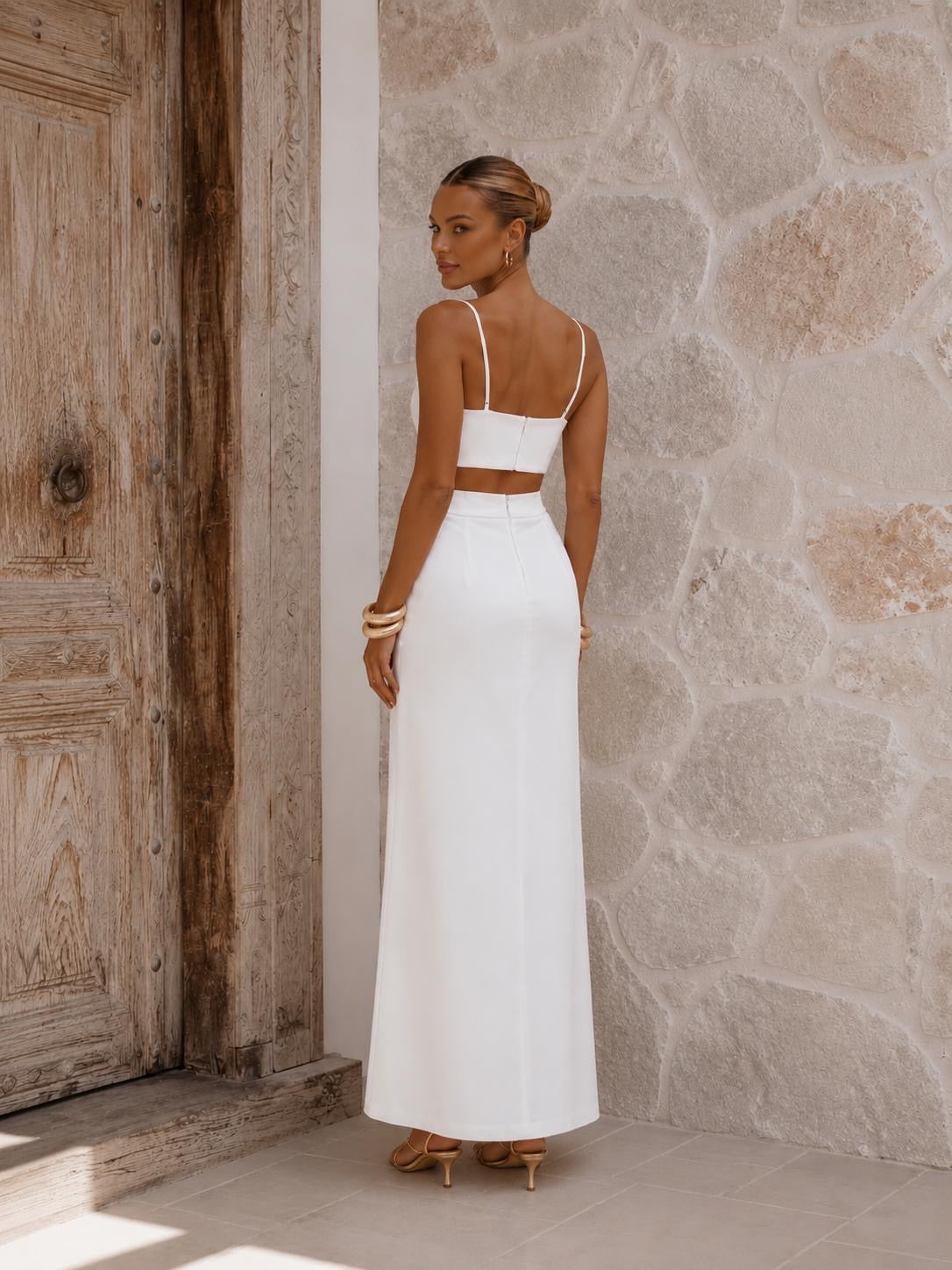 Robe longue cérémonie blanche à découpes