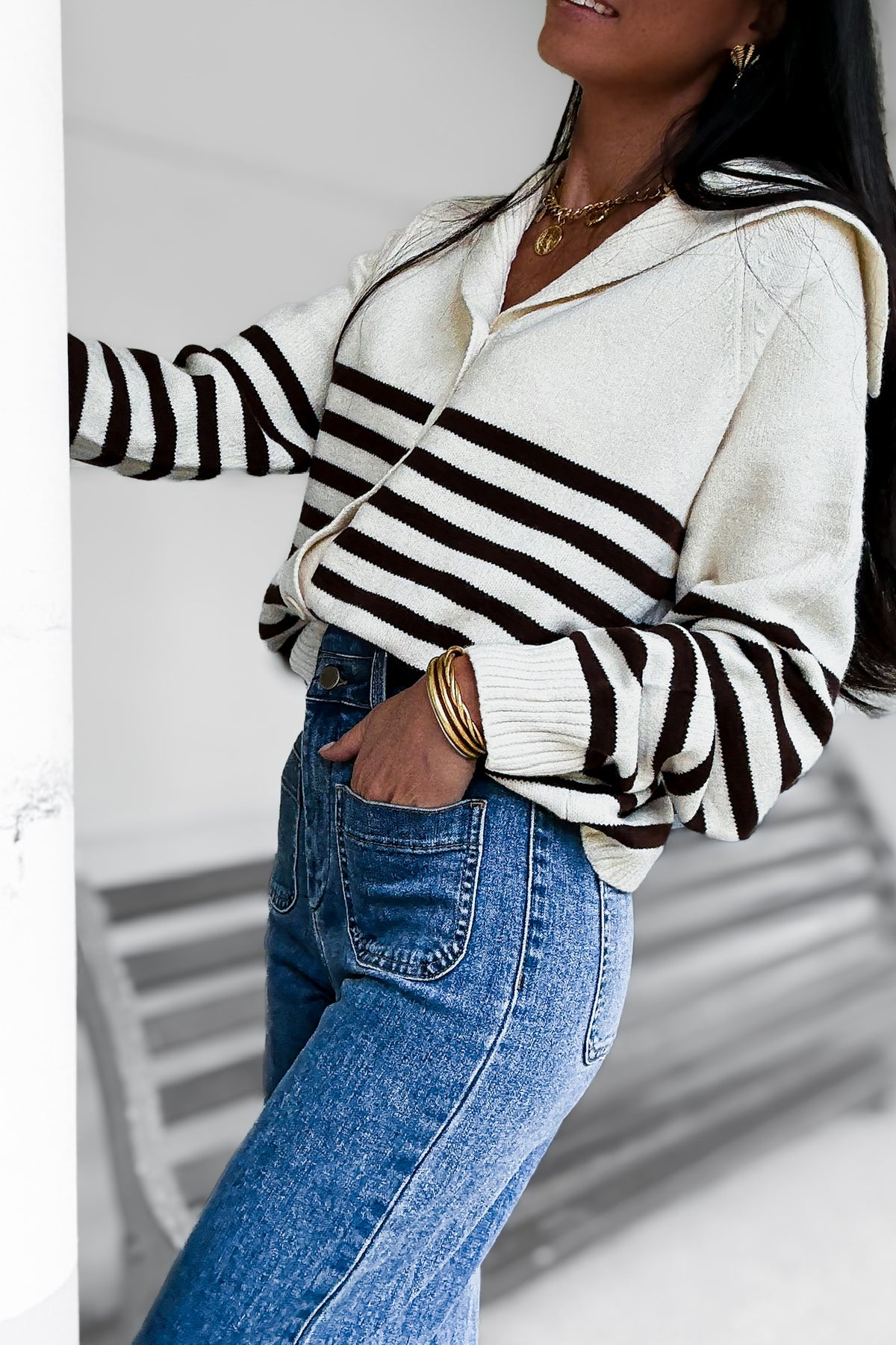 Pull rayé écru et marron