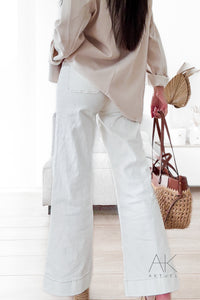 Jean flare à poches plaquées flare blanc à couture marron - Oraije