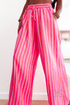 Pantalon large en gaze de coton à rayures fuschia et orange
