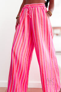 Pantalon large en gaze de coton à rayures fuschia et orange