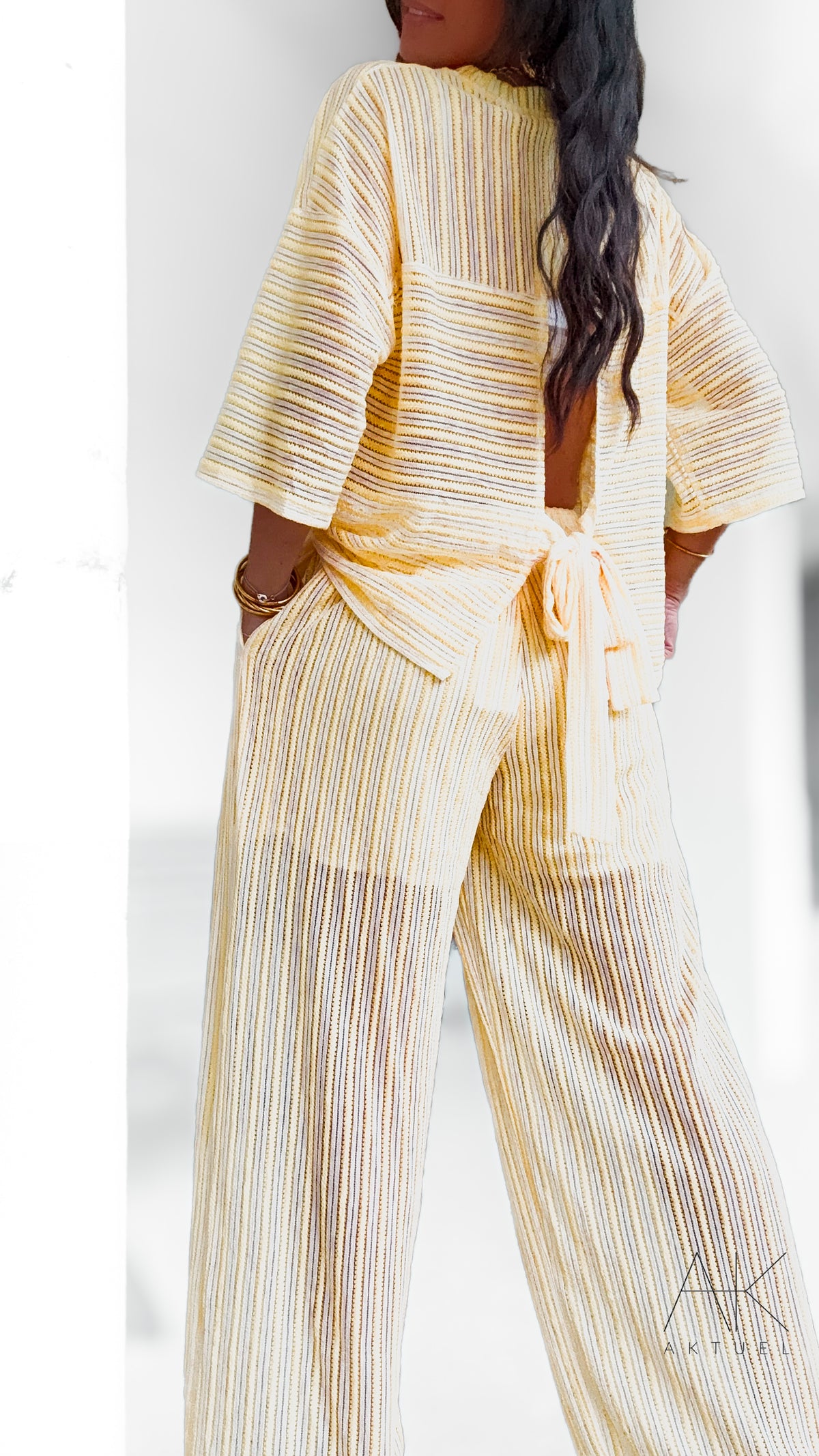 Top maille rayé jaune pastel